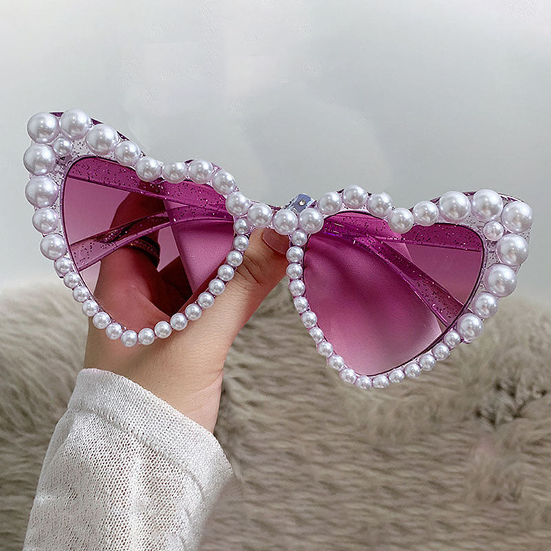 Faux Pearl Studded Heart Frame Sunglasses - Purple