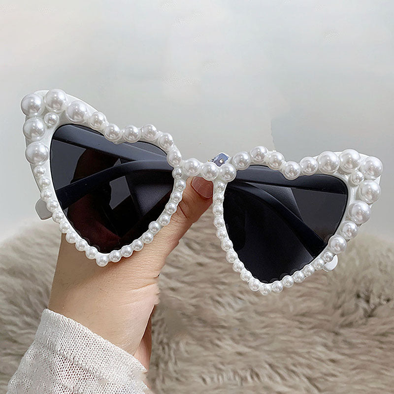 Faux Pearl Studded Heart Frame Sunglasses - White