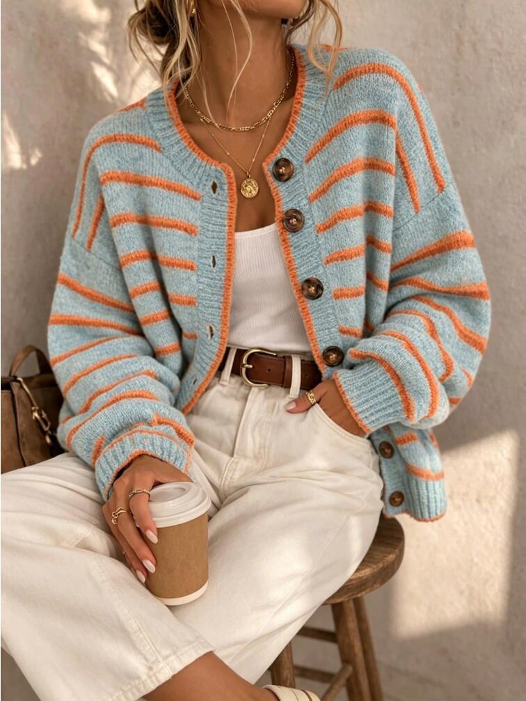 Drop Shoulder Striped Button Knit Cardigan - Blue