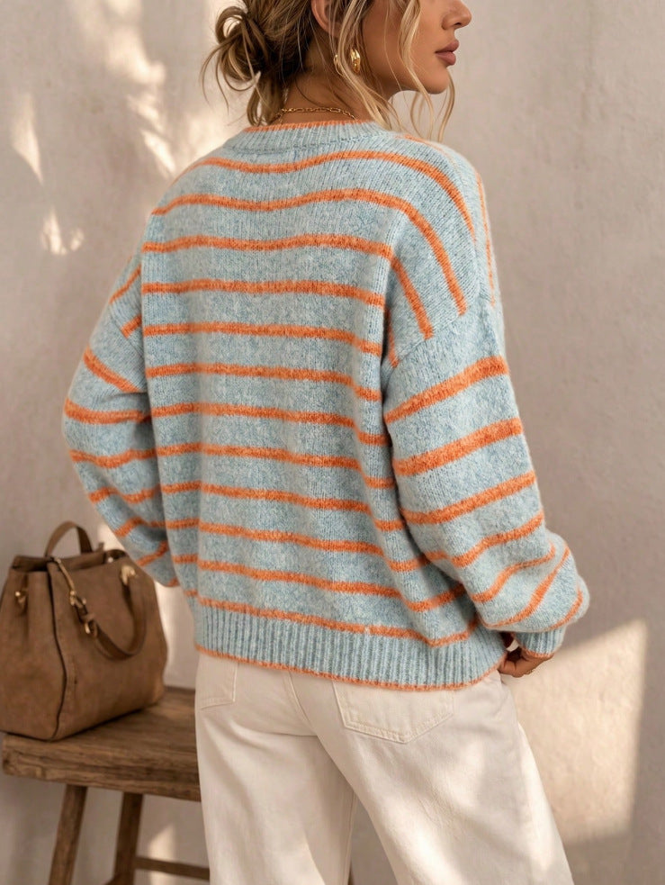Drop Shoulder Striped Button Knit Cardigan - Blue - 1