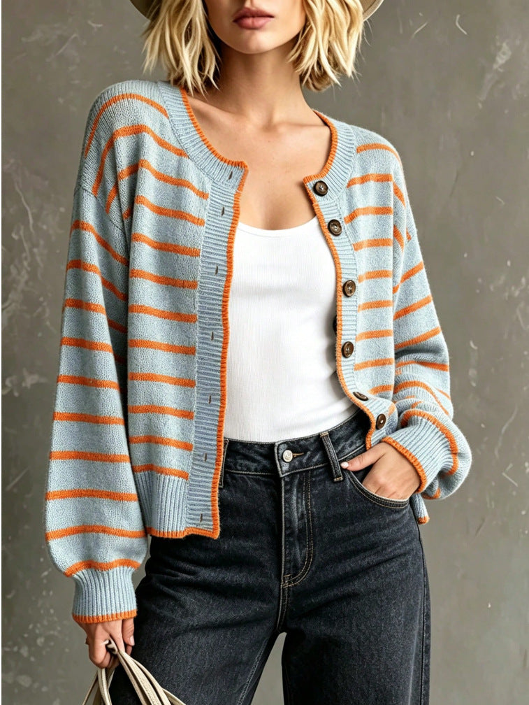 Drop Shoulder Striped Button Knit Cardigan - Blue - 3