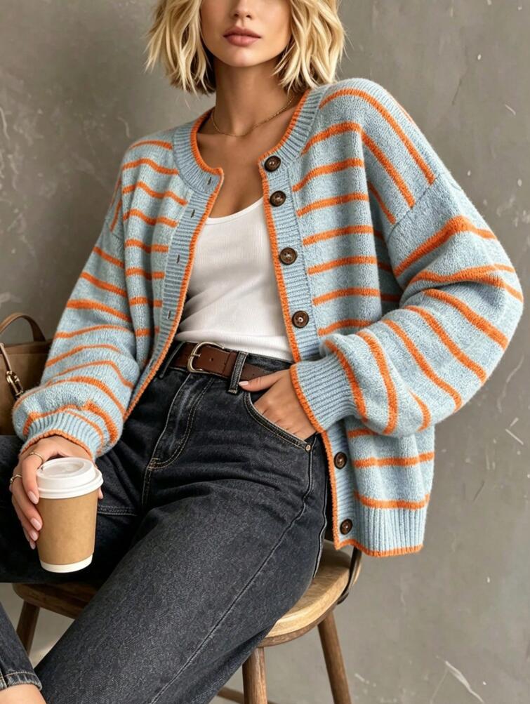 Drop Shoulder Striped Button Knit Cardigan - Blue - 5