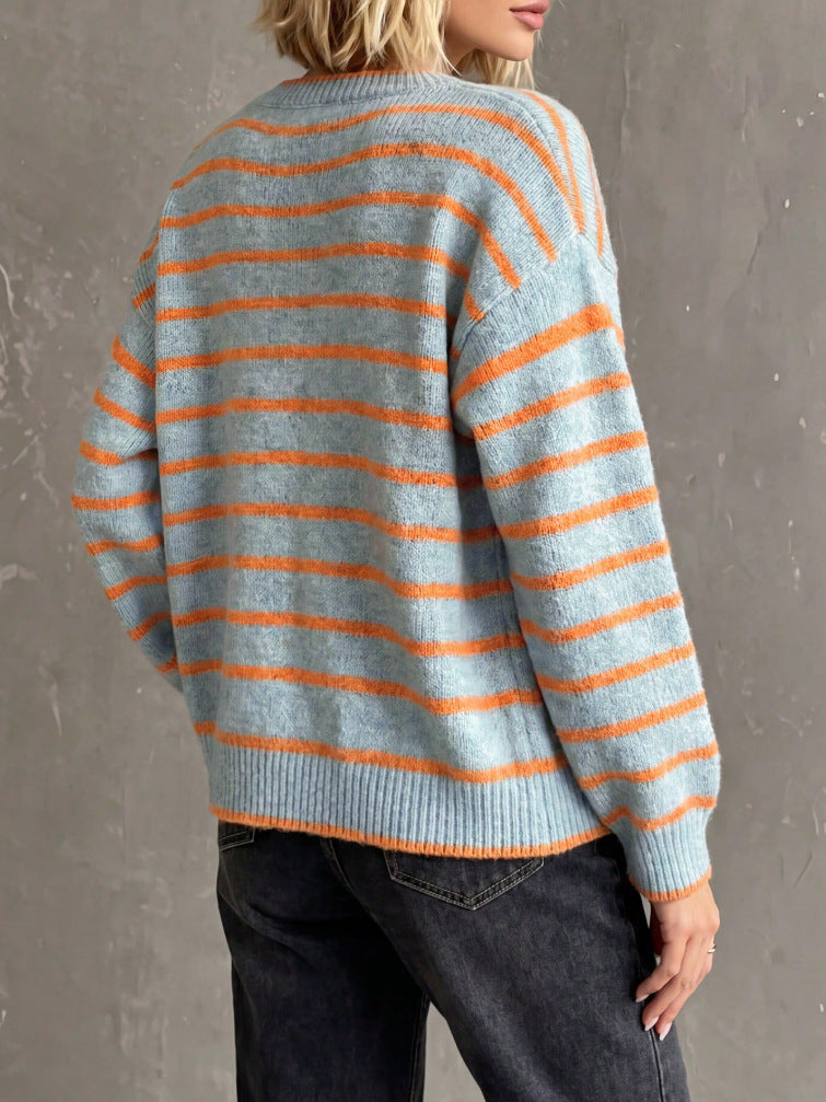 Drop Shoulder Striped Button Knit Cardigan - Blue - 6