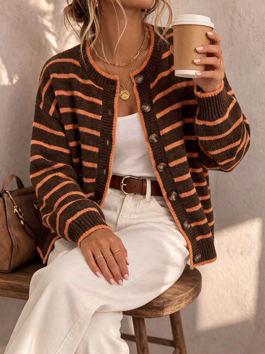 Drop Shoulder Striped Button Knit Cardigan - Coffee