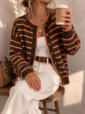 Drop Shoulder Striped Button Knit Cardigan - Coffee
