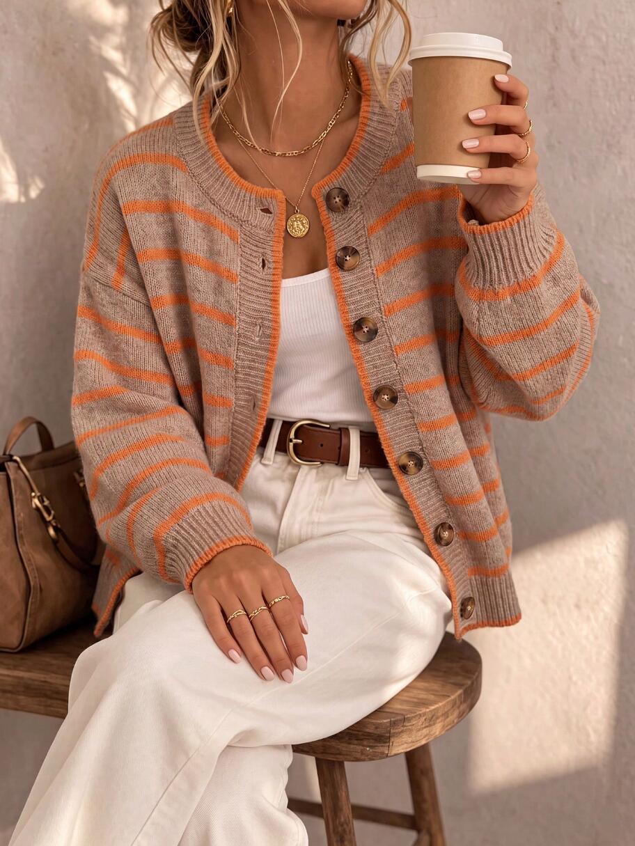Drop Shoulder Striped Button Knit Cardigan - Khaki