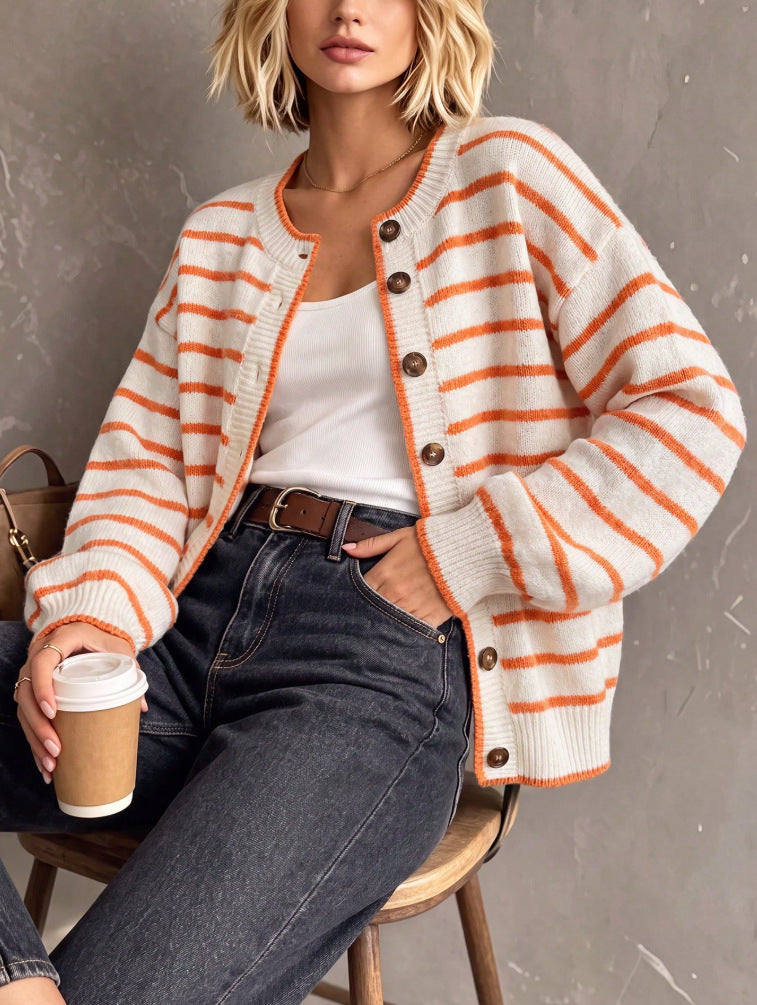 Drop Shoulder Striped Button Knit Cardigan - Orange