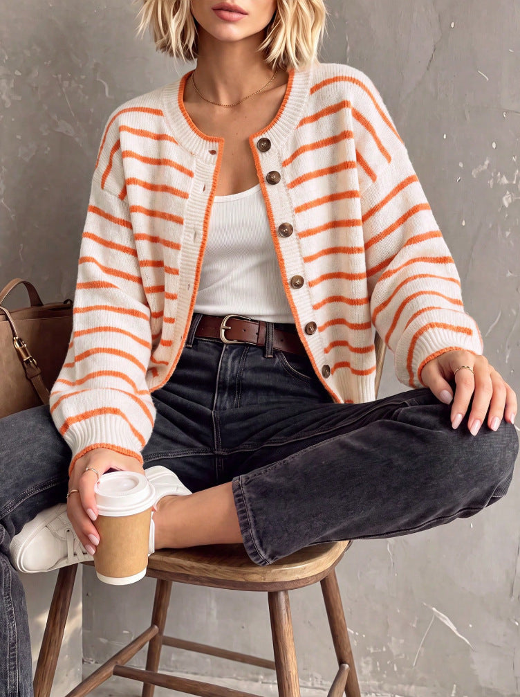 Drop Shoulder Striped Button Knit Cardigan - Orange - 1