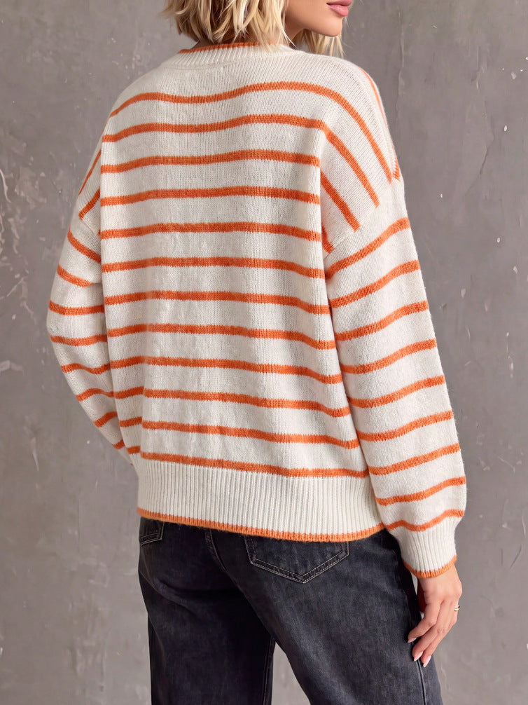 Drop Shoulder Striped Button Knit Cardigan - Orange - 2