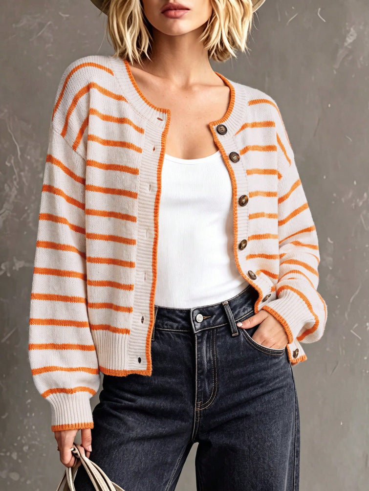 Drop Shoulder Striped Button Knit Cardigan - Orange - 4