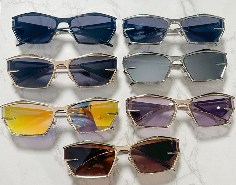 Angular Winged Metal Frame Sunglasses - Blue - 1