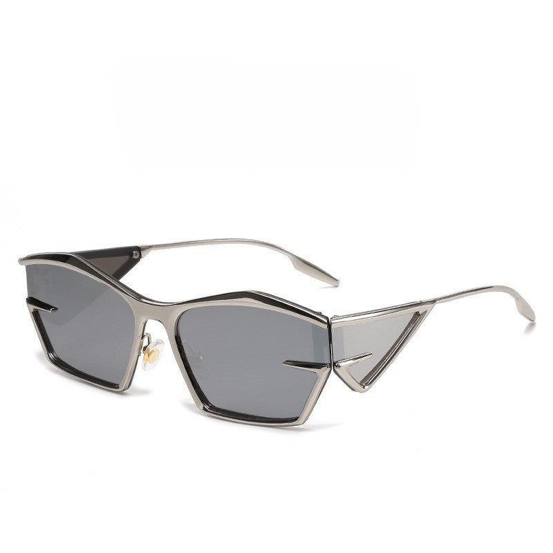 Angular Winged Metal Frame Sunglasses - Silvery-2