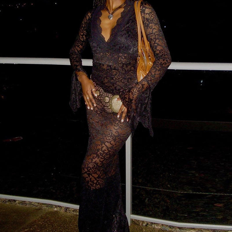 Sheer Lace Bell Sleeve Column Maxi Dress - Black - 1