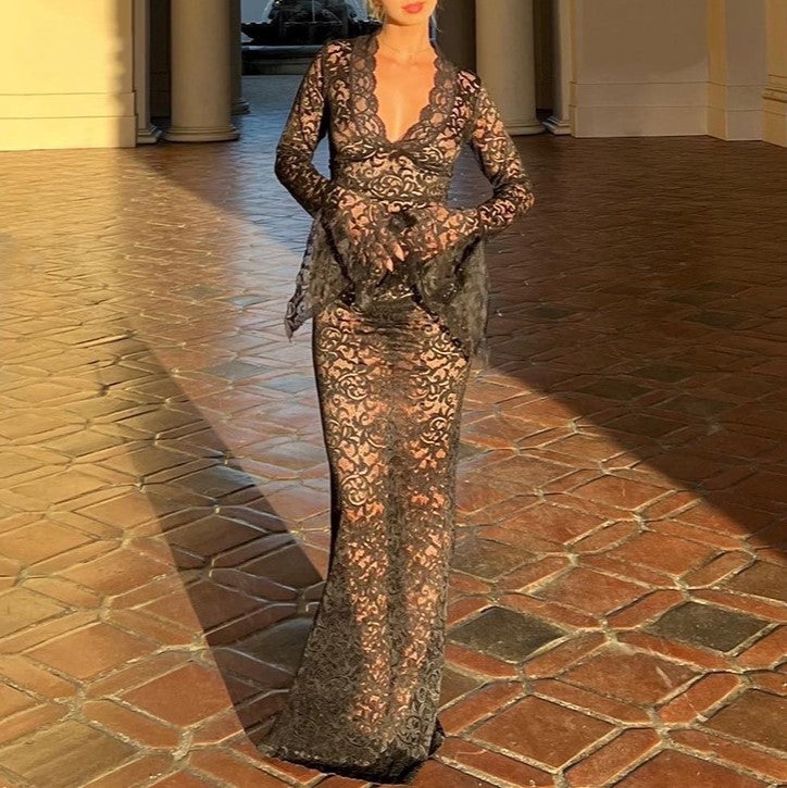 Sheer Lace Bell Sleeve Column Maxi Dress - Black - 2