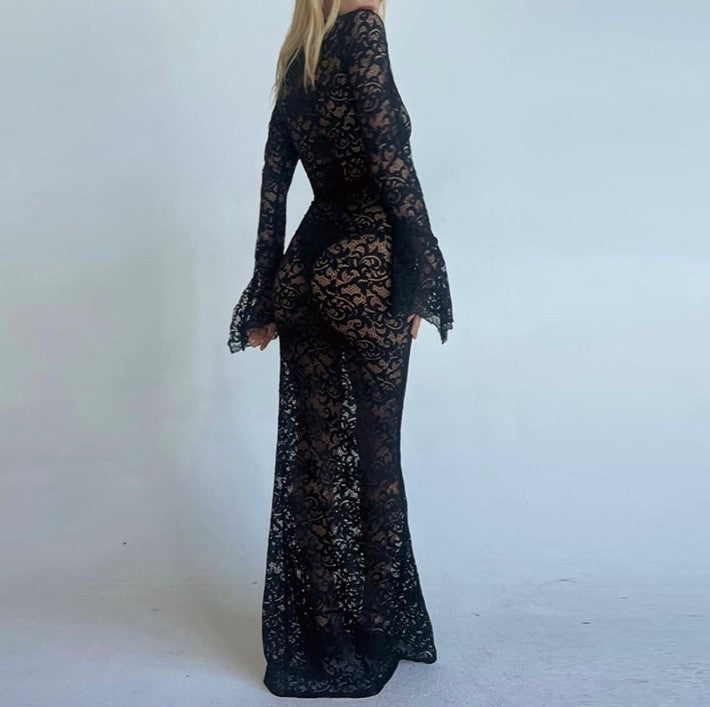 Sheer Lace Bell Sleeve Column Maxi Dress - Black - 3
