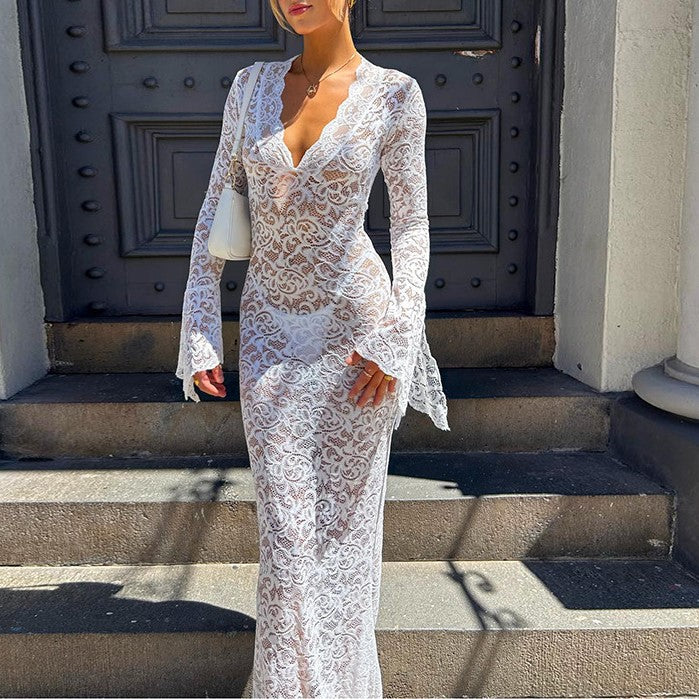 Sheer Lace Bell Sleeve Column Maxi Dress - White