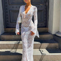 Sheer Lace Bell Sleeve Column Maxi Dress - White