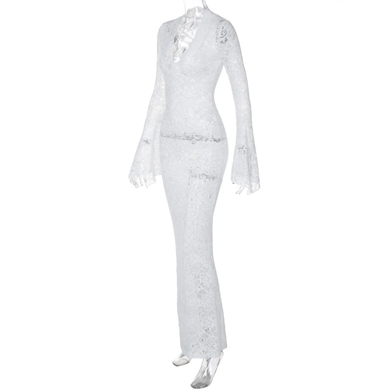 Sheer Lace Bell Sleeve Column Maxi Dress - White - 4