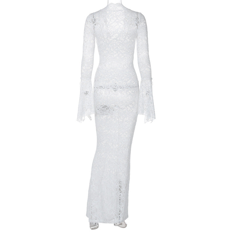 Sheer Lace Bell Sleeve Column Maxi Dress - White - 5