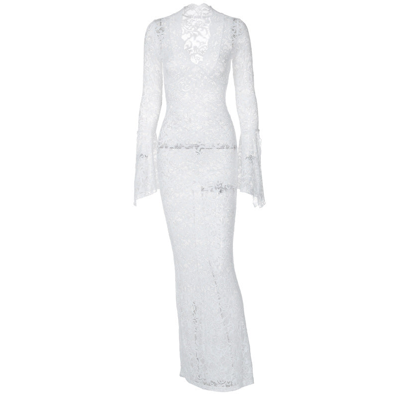 Sheer Lace Bell Sleeve Column Maxi Dress - White - 6