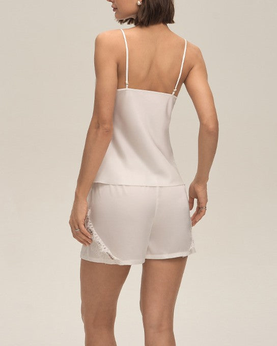 Dreamy Lace-Edged Satin Cami & Sleep Shorts Set - White - 2