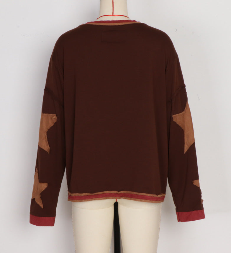 Contrast Trim Crewneck Tee With Star Sleeves - Coffee - 1