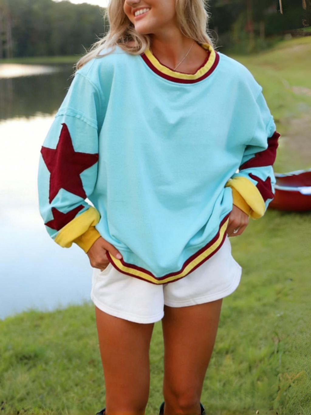 Contrast Trim Crewneck Tee With Star Sleeves - Cyan - 2