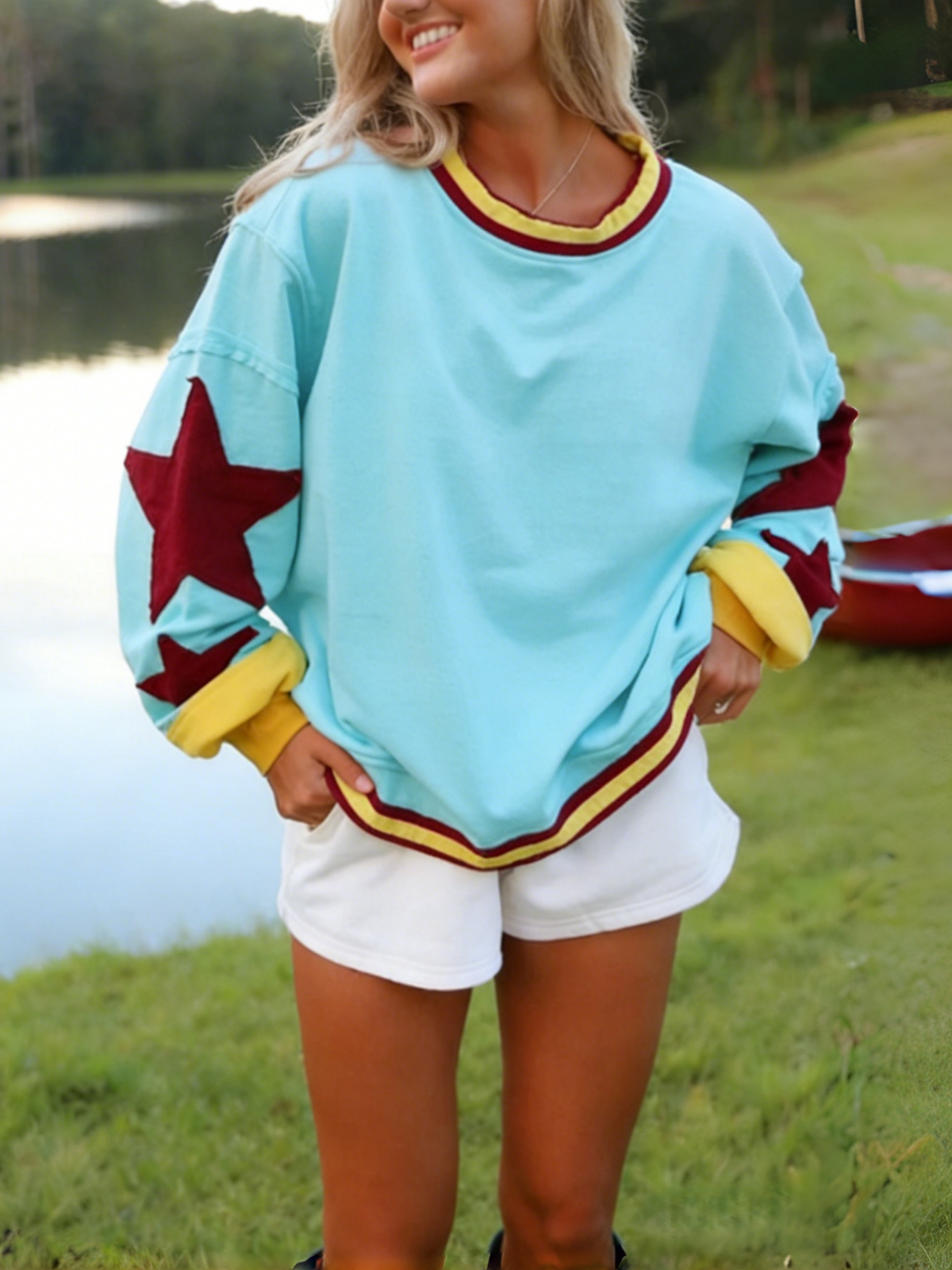 Contrast Trim Crewneck Tee With Star Sleeves - Cyan - 2