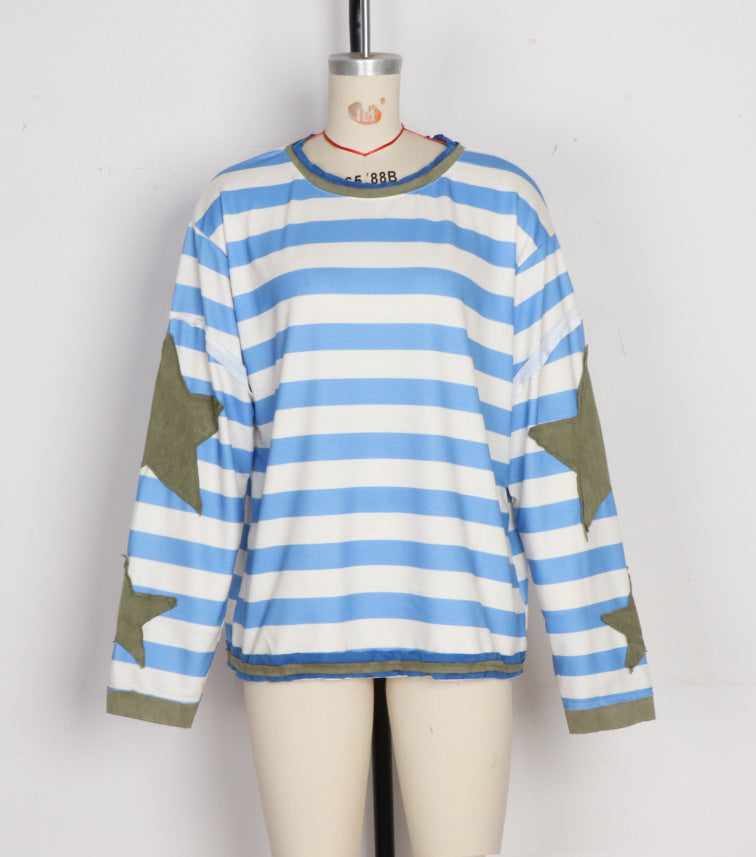 Contrast Trim Crewneck Tee With Star Sleeves - Stripe02 - 1