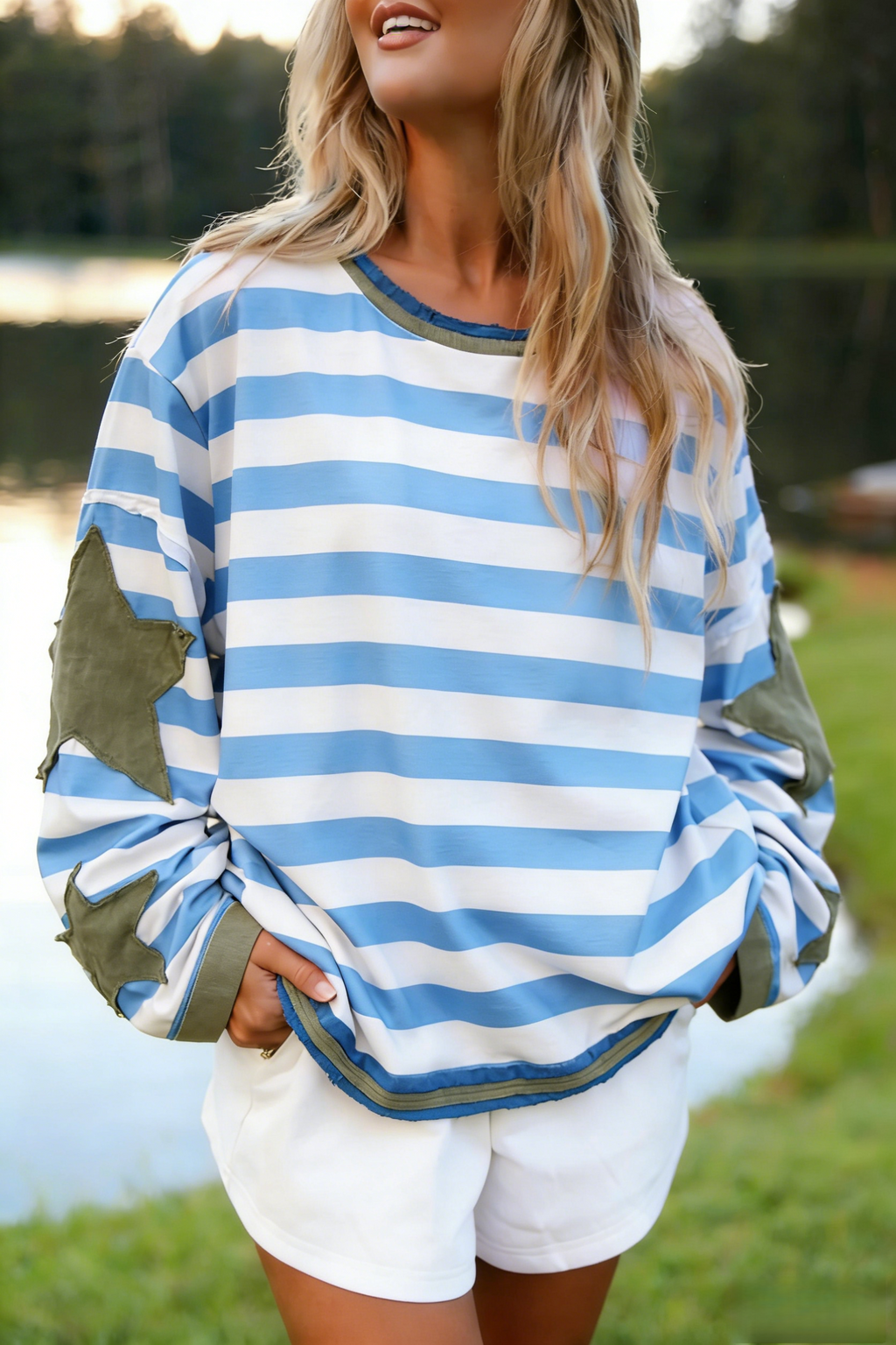 Contrast Trim Crewneck Tee With Star Sleeves - Stripe02 - 3
