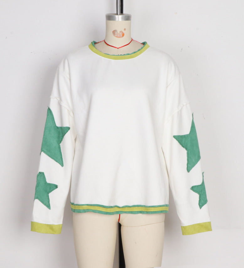 Contrast Trim Crewneck Tee With Star Sleeves - White_green