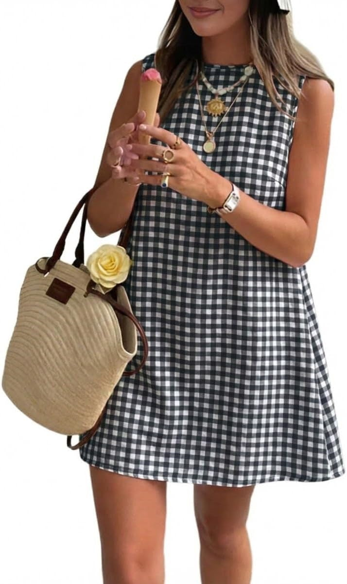 Sleeveless Gingham Check Mini Shift Dress - Black
