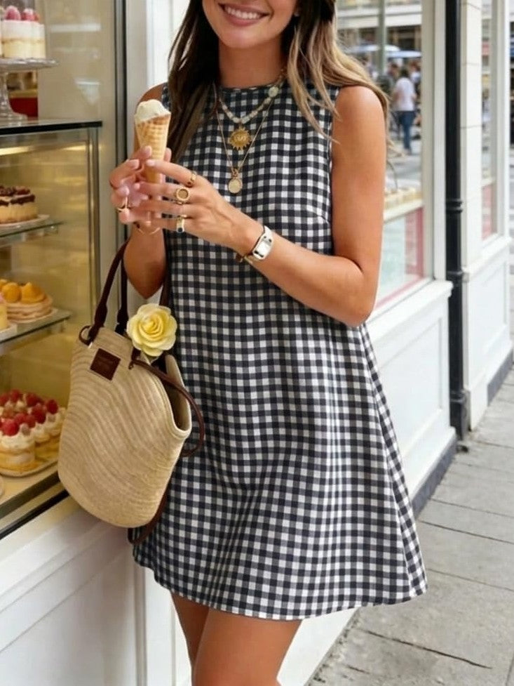 Sleeveless Gingham Check Mini Shift Dress - Black - 1