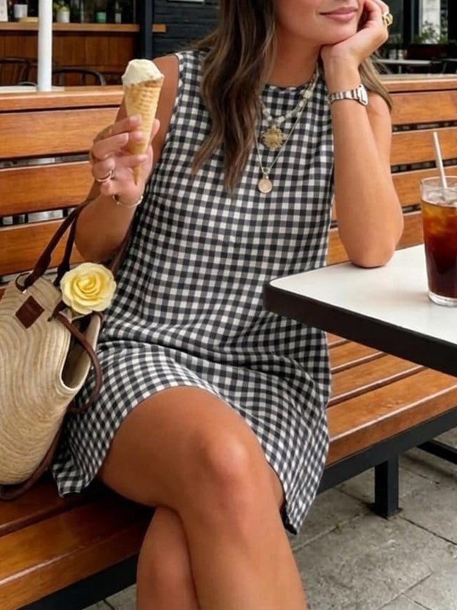 Sleeveless Gingham Check Mini Shift Dress - Black - 2