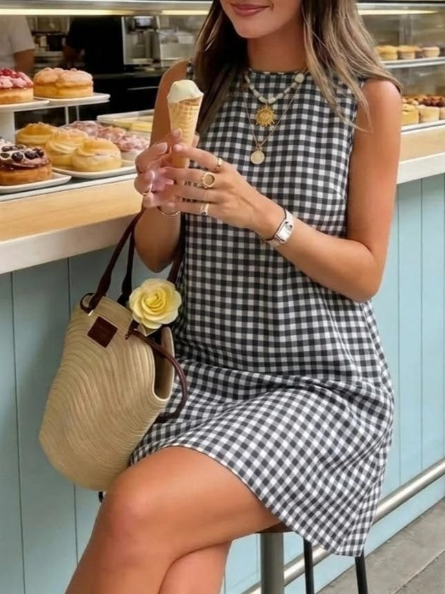 Sleeveless Gingham Check Mini Shift Dress - Black - 4
