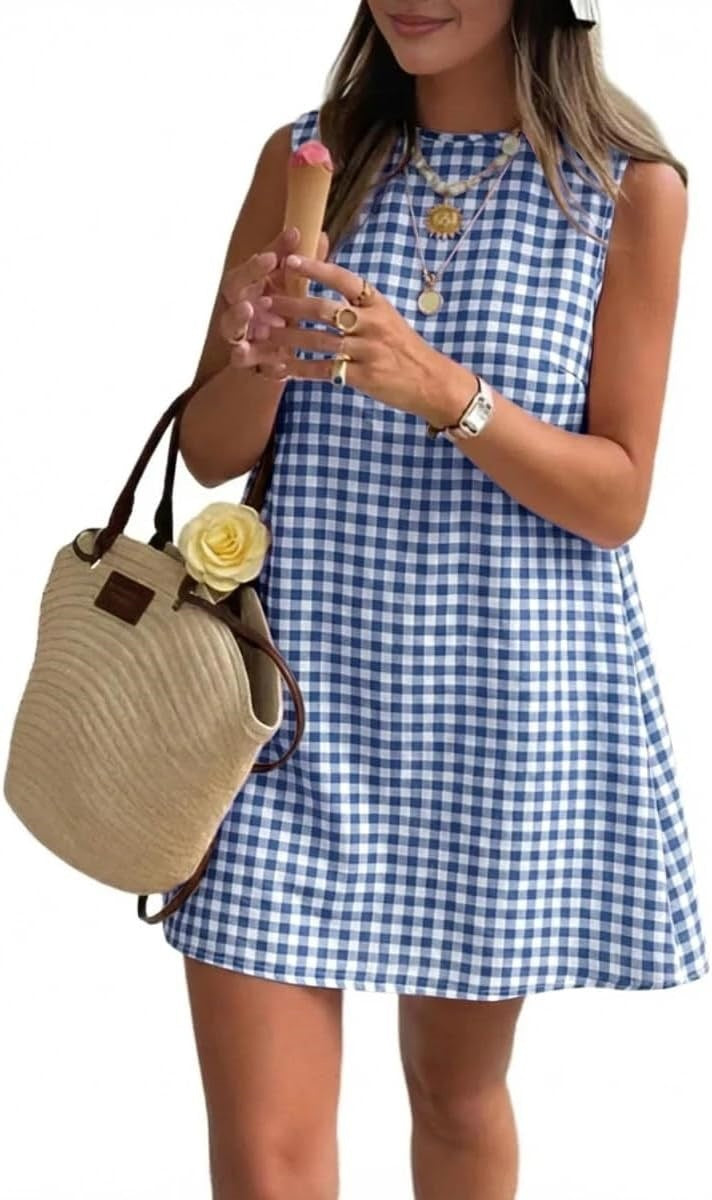 Sleeveless Gingham Check Mini Shift Dress - Blue