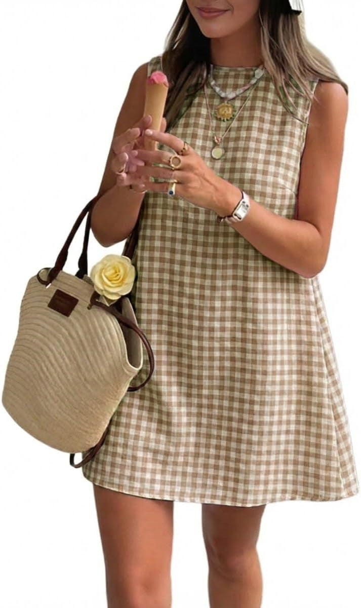 Sleeveless Gingham Check Mini Shift Dress - Khaki