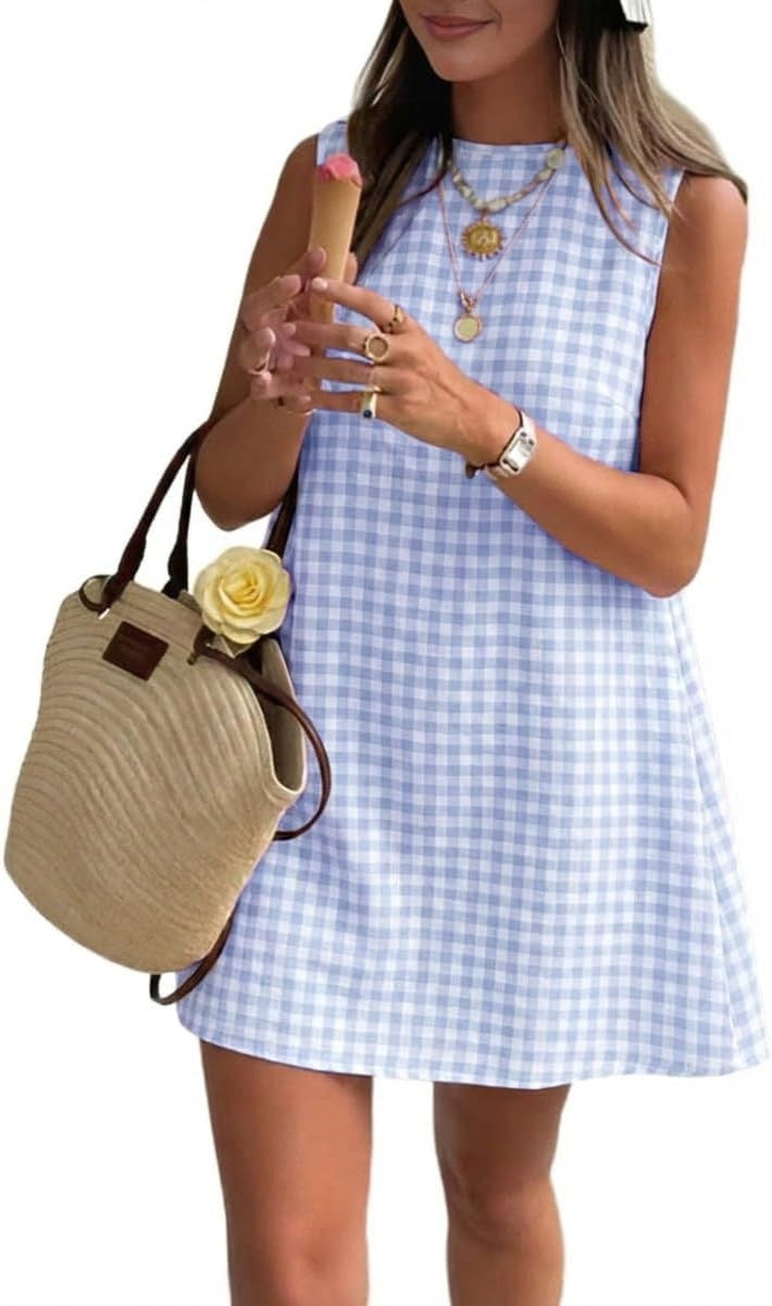 Sleeveless Gingham Check Mini Shift Dress - LightBlue