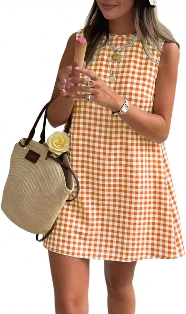 Sleeveless Gingham Check Mini Shift Dress - Orange