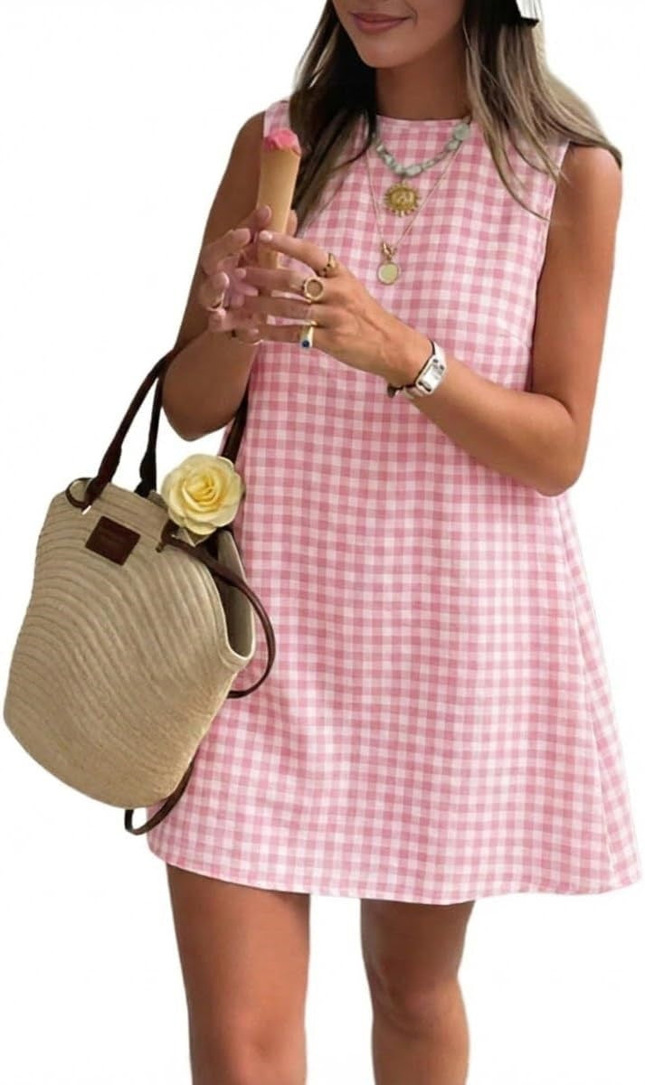 Sleeveless Gingham Check Mini Shift Dress - Pink