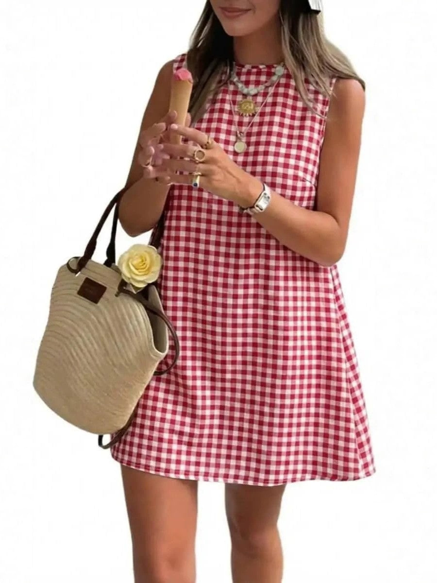 Sleeveless Gingham Check Mini Shift Dress - Red