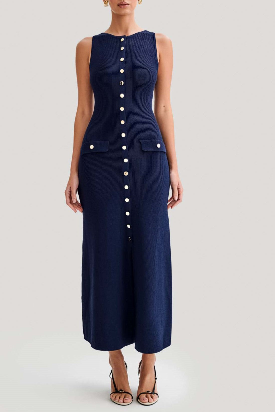 Button Through Sleeveless Knit Column Dress - Blue