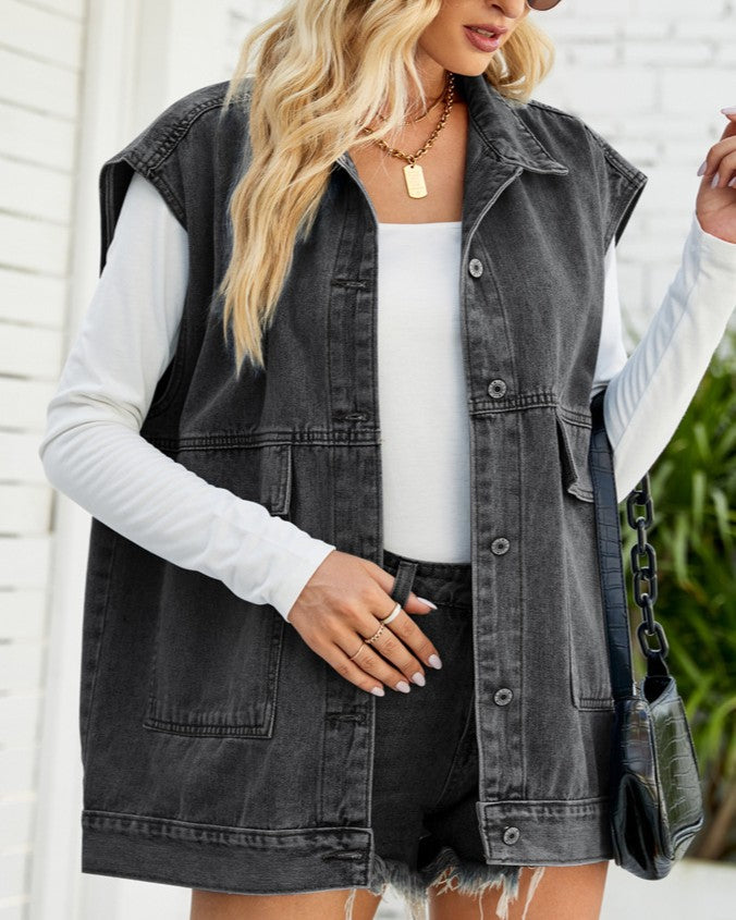 Longline Denim Vest Jacket With Flap Pockets - Black