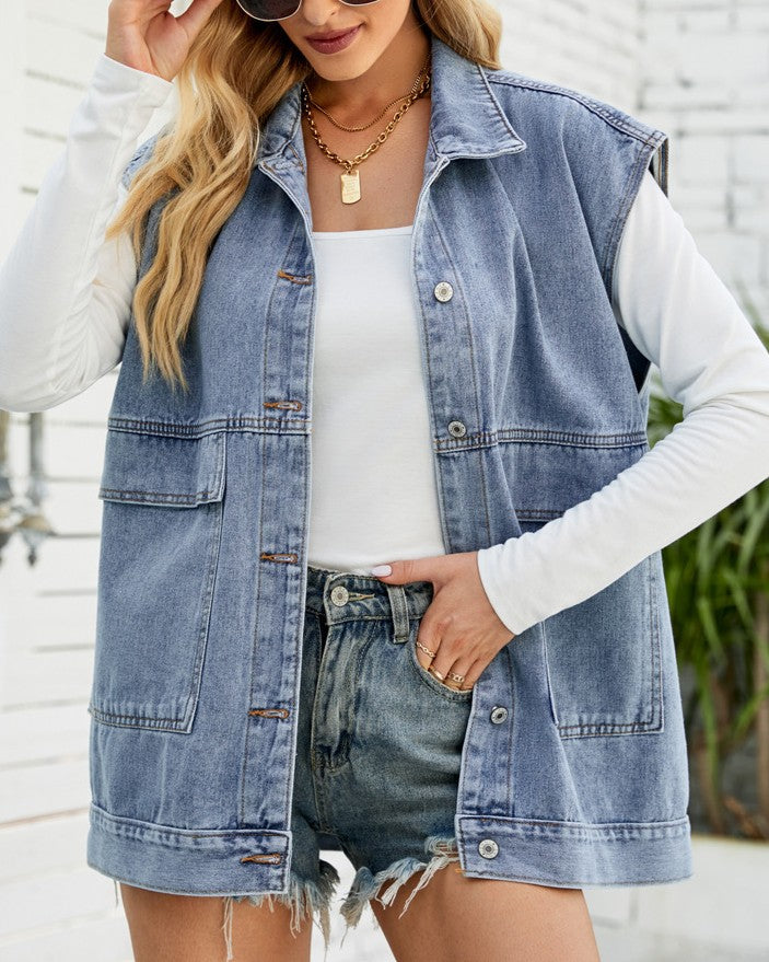Longline Denim Vest Jacket With Flap Pockets - Blue