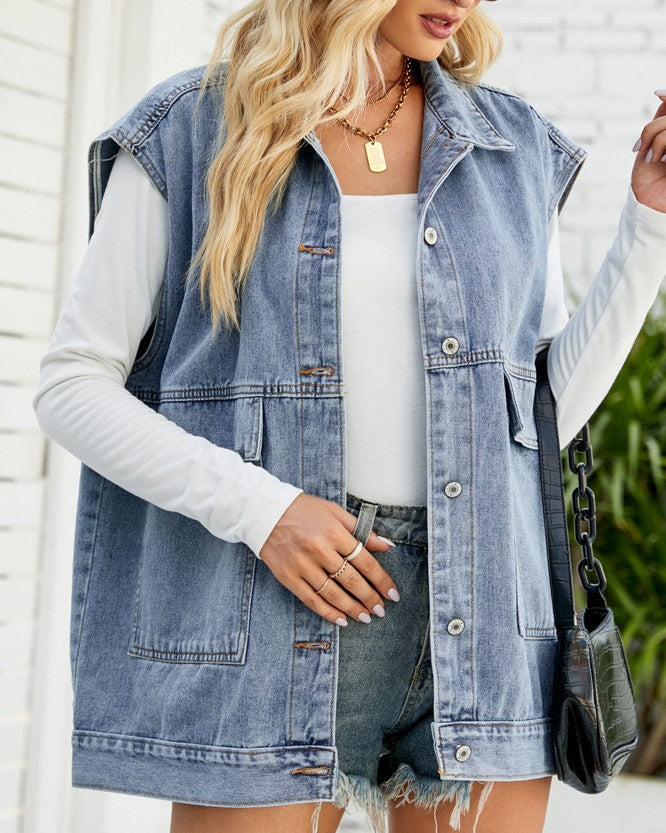Longline Denim Vest Jacket With Flap Pockets - Blue - 1