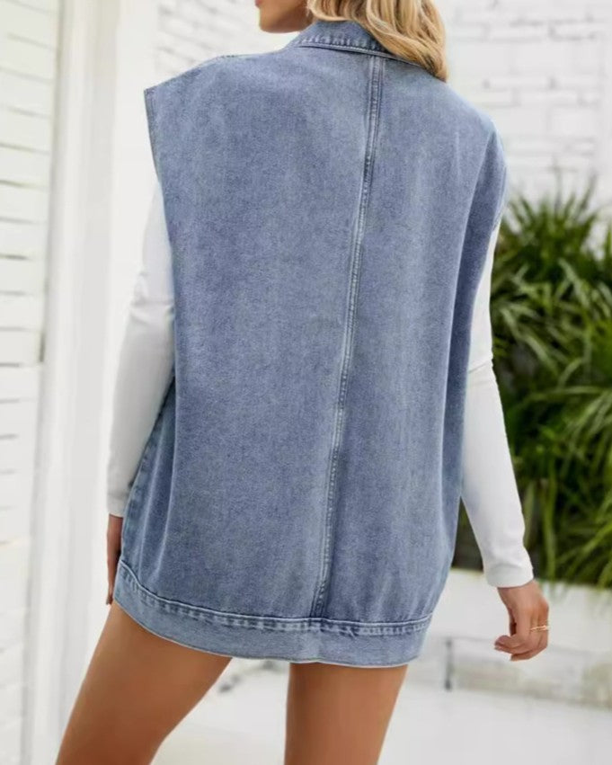 Longline Denim Vest Jacket With Flap Pockets - Blue - 3