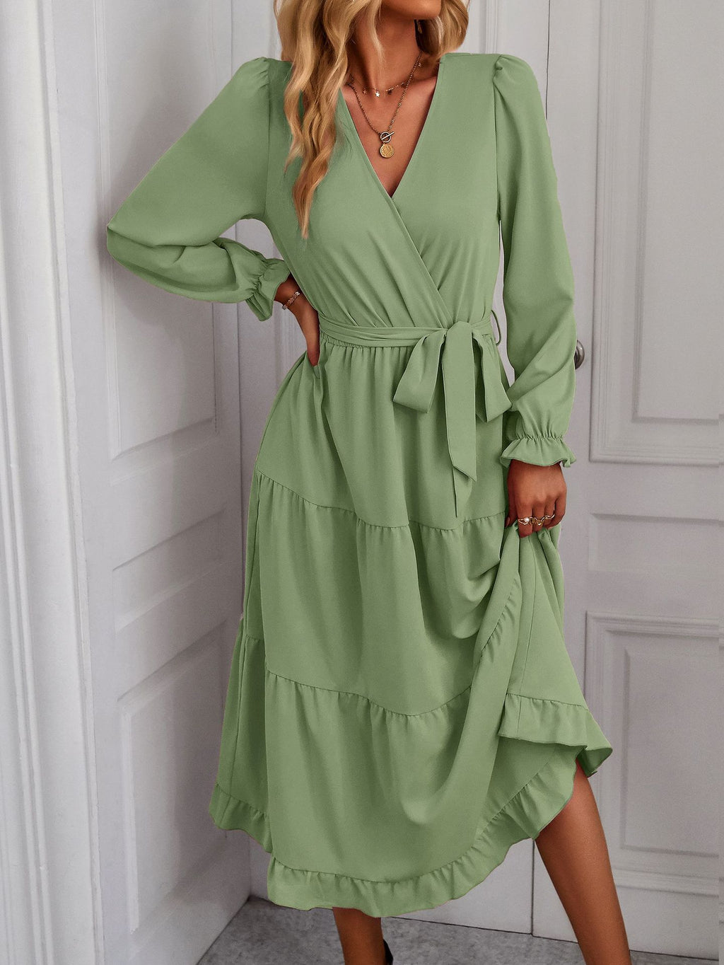Ruffle Hem Wrap Midi Dress - Green
