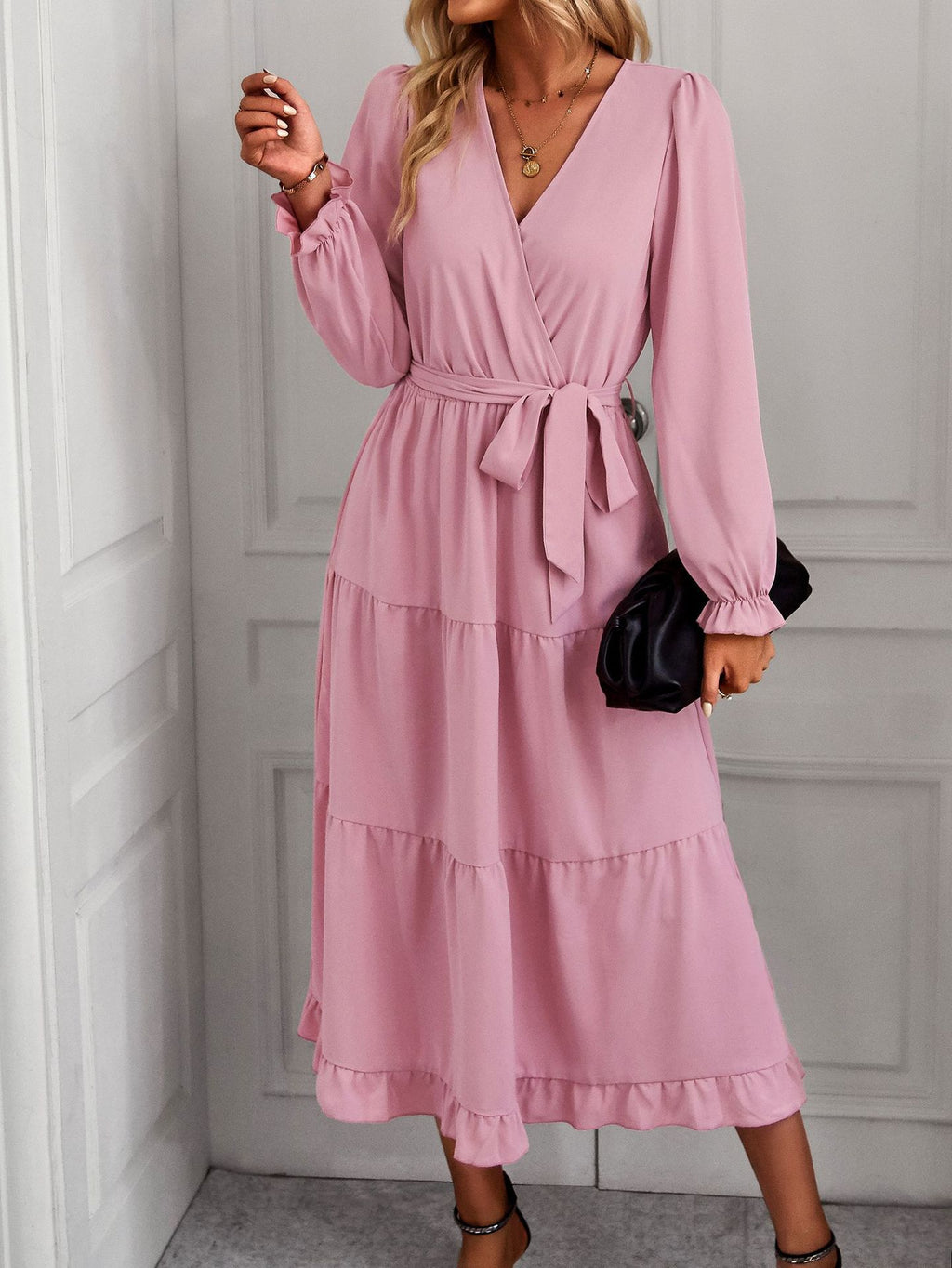 Ruffle Hem Wrap Midi Dress - Pink