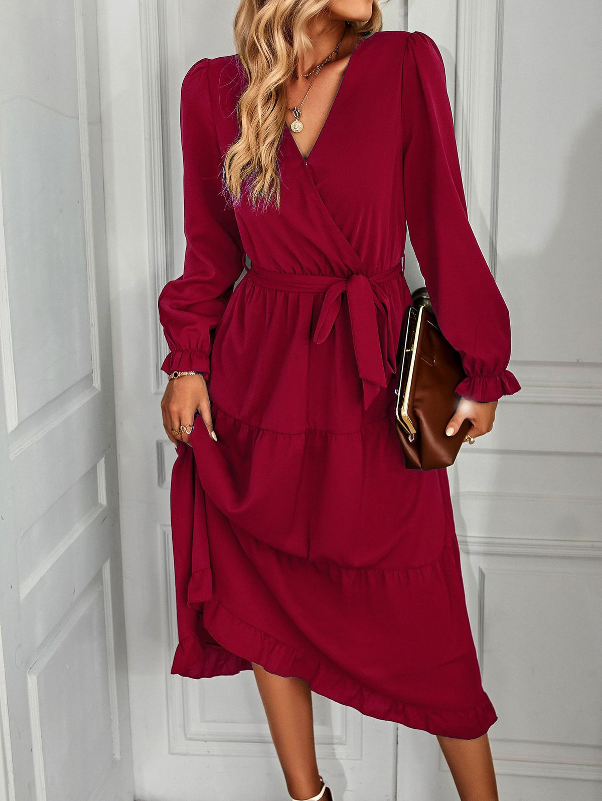 Ruffle Hem Wrap Midi Dress - WineRed