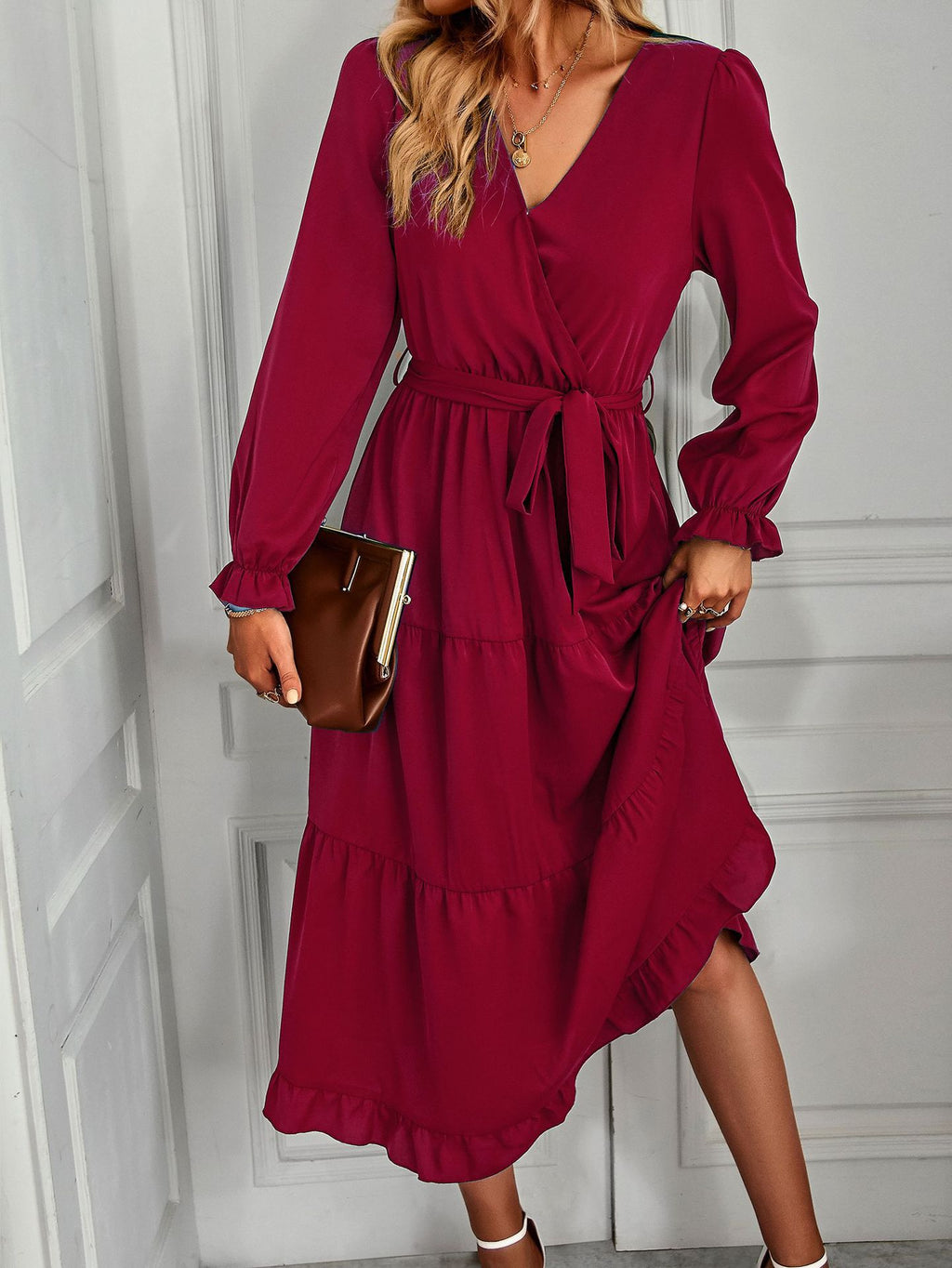Ruffle Hem Wrap Midi Dress - WineRed - 1